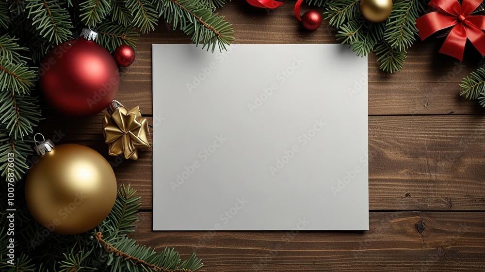 Greeting card christmas mockup with fir tree branches on dark wooden background Greeting card christmas mockup with fir tree branches on dark wooden background