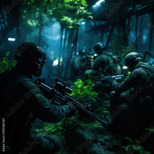 Soldiers in Tactical Gear in a Dense Forest Setting