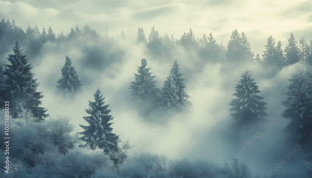 Misty forest with tall pine trees shrouded in fog, sunlight peeks through the clouds, creating a serene and mysterious atmosphere. Misty forest with tall pine trees shrouded in fog, sunlight peeks through the clouds, creating a serene and mysterious atmosphere.