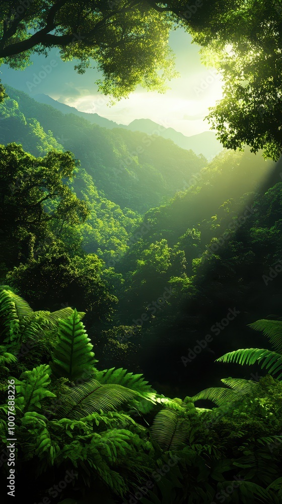 Fototapeta premium Lush green forest with sunlight filtering through trees, creating a serene and tranquil atmosphere.