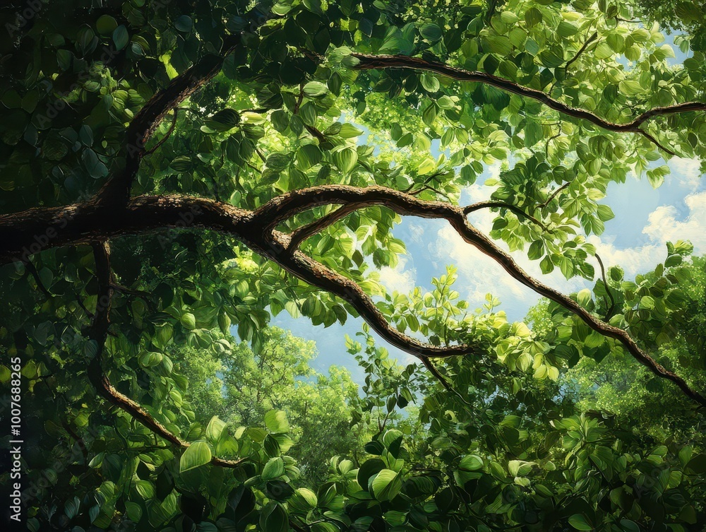 Fototapeta premium Lush green leaves and branches under sunlight, creating a serene and peaceful atmosphere in nature.