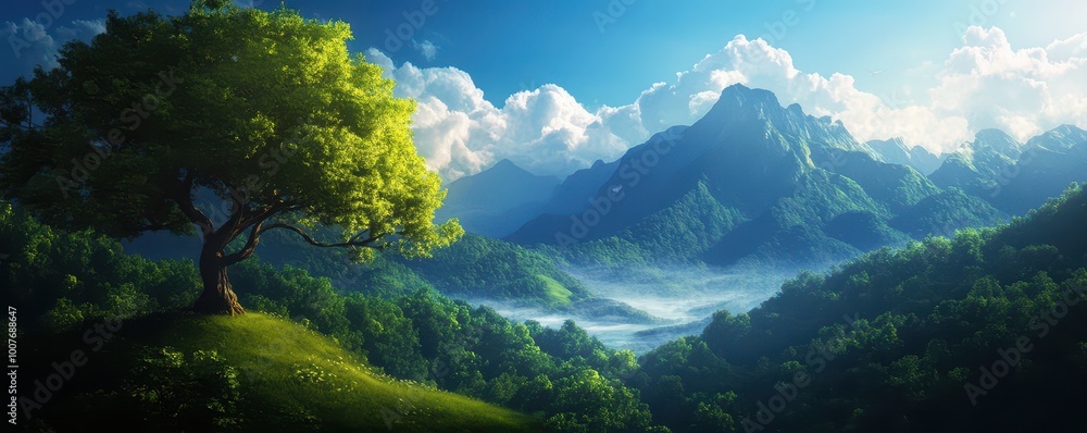 Scenic view of mountains and greenery under a bright sky with fluffy clouds, creating a serene atmosphere. Scenic view of mountains and greenery under a bright sky with fluffy clouds, creating a serene atmosphere.