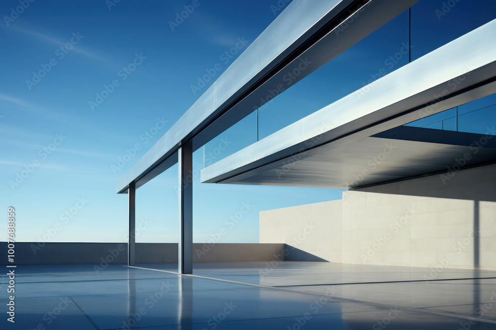 Fototapeta premium Sleek Steel Architecture with Clear Blue Sky Background