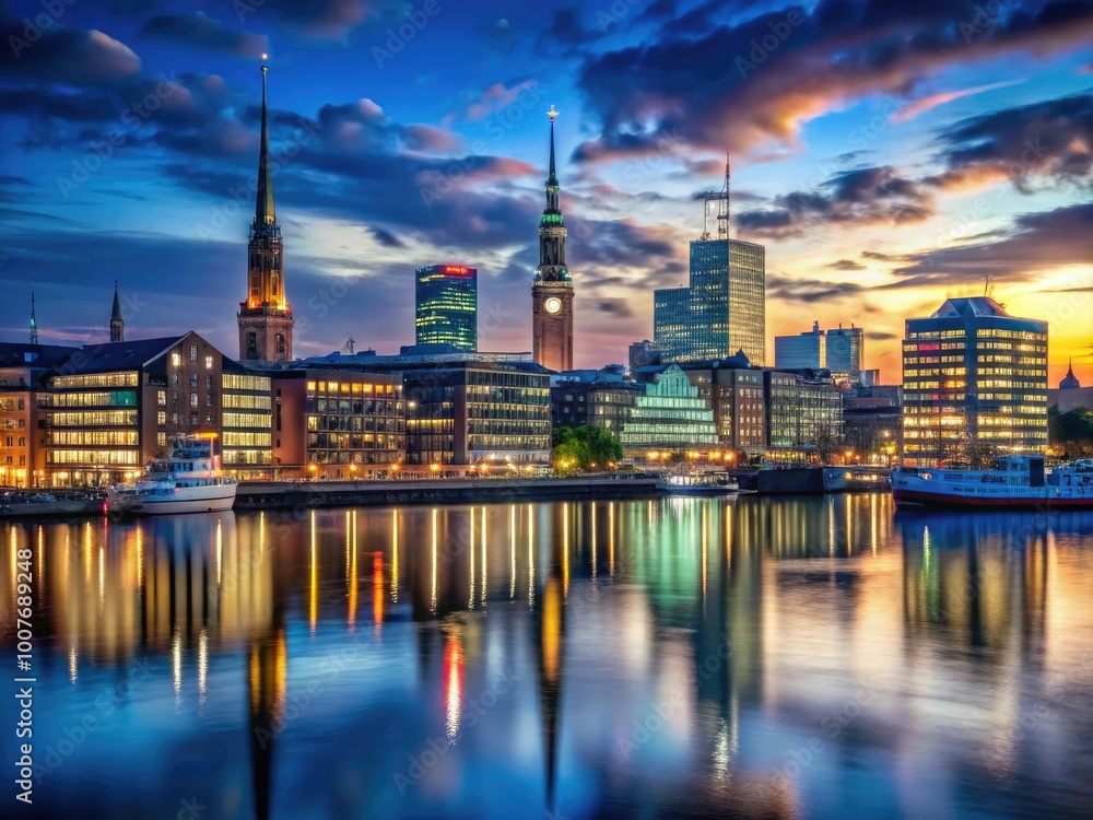 Naklejka premium Rundes Hamburg Skyline Grafik mit modernen Gebäuden und Wasserlandschaft im Hintergrund der Stadt