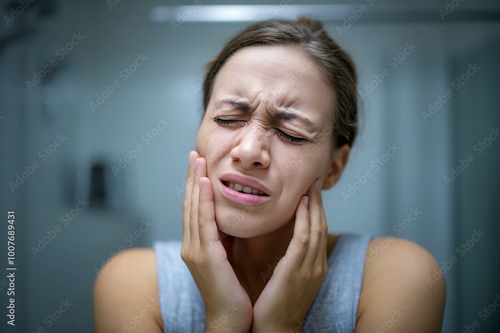 Woman holding cheek in pain, suffering from toothache. Dentistry and oral care, dental health issues. Woman holding cheek in pain, suffering from toothache. Dentistry and oral care, dental health issues.