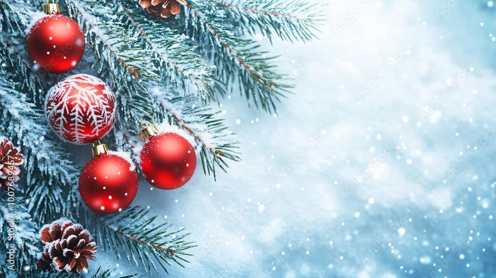 Snowy Christmas Tree Branch with Red Ornaments and Pinecones Snowy Christmas Tree Branch with Red Ornaments and Pinecones