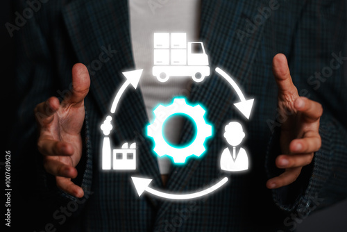 A digital illustration showcasing the supply chain concept with icons for manufacturing, transportation, and distribution, highlighting the interconnected process. photo