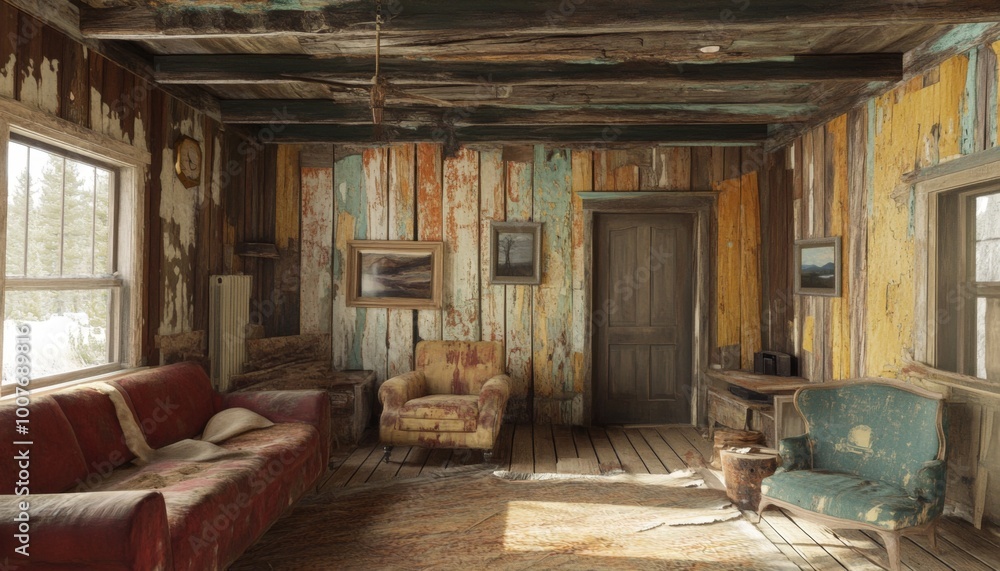 Rustic living room with worn furniture and wood paneling. Rustic living room with worn furniture and wood paneling.