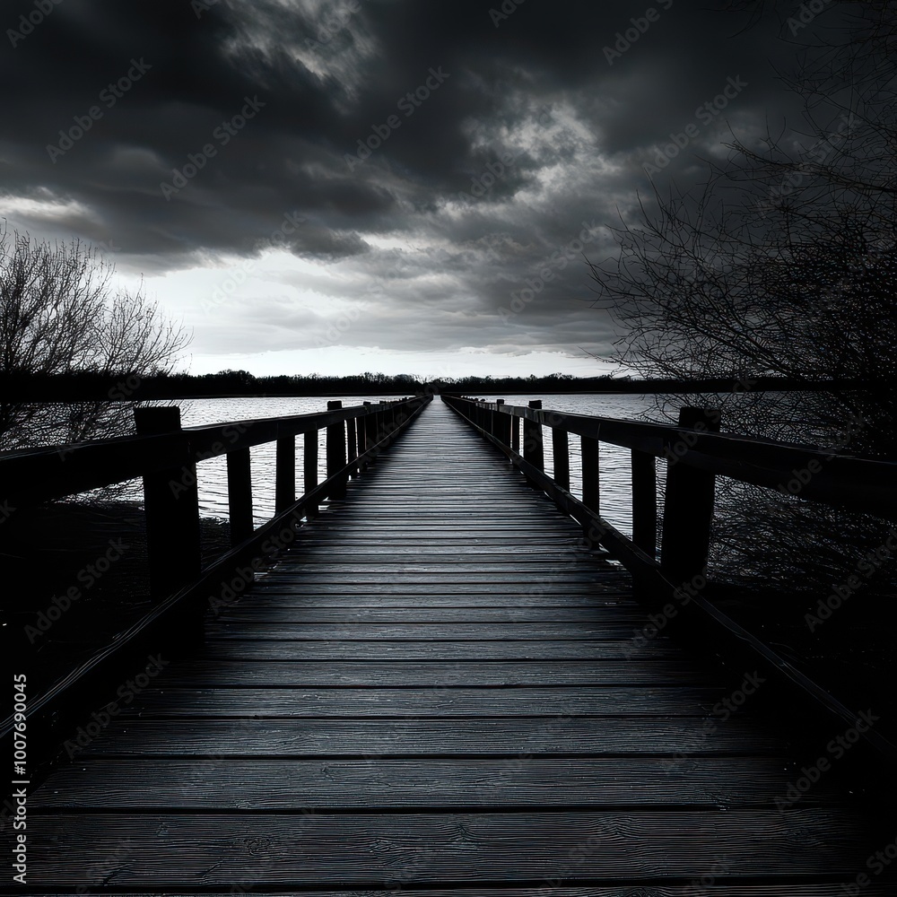 Fototapeta premium A serene wooden pier extending into a calm dark lake under stormy clouds.