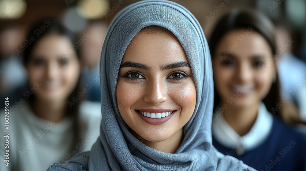 Smiling Woman in Hijab with Friends in Background Smiling Woman in Hijab with Friends in Background