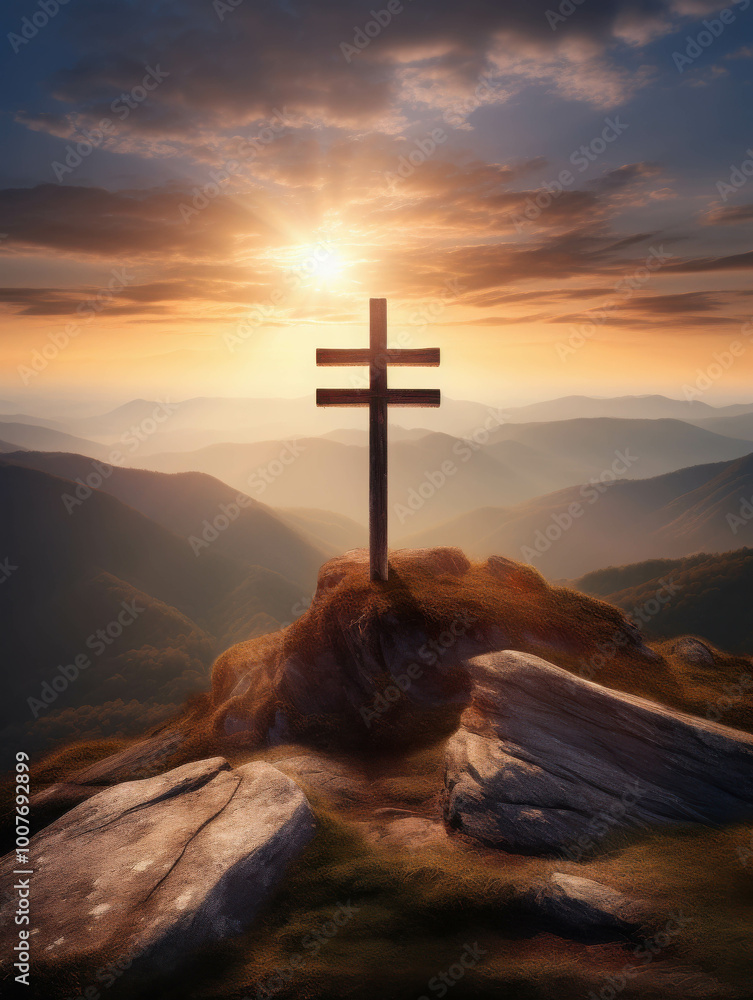 Serene Mountain Summit with a Large White Cross Serene Mountain Summit with a Large White Cross