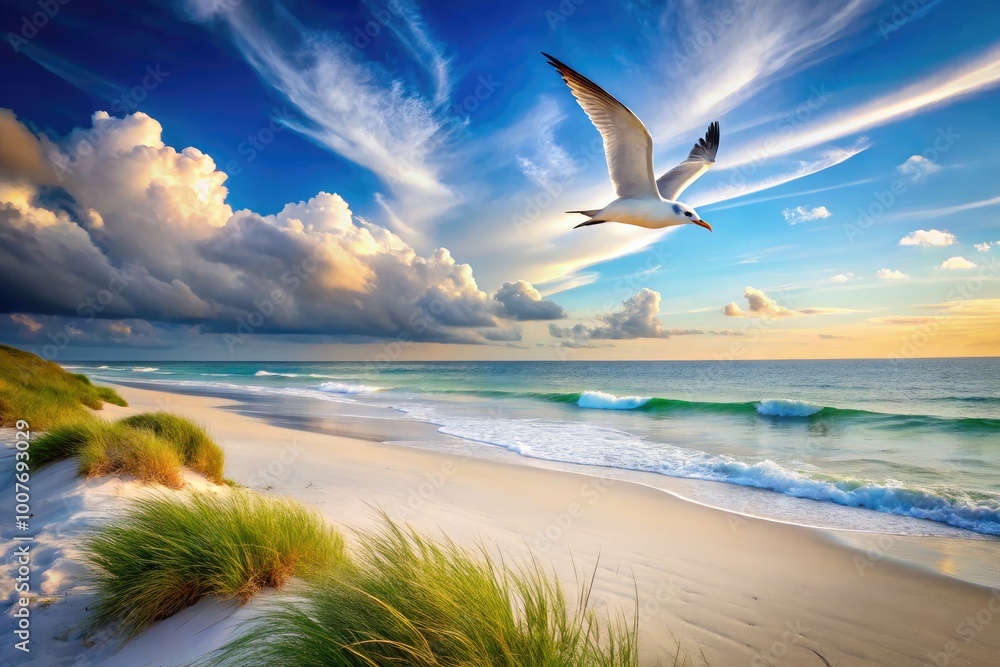 Serene Florida Beach with a Majestic Bird Soaring Above the Gentle Waves and Soft Sand Dunes Serene Florida Beach with a Majestic Bird Soaring Above the Gentle Waves and Soft Sand Dunes