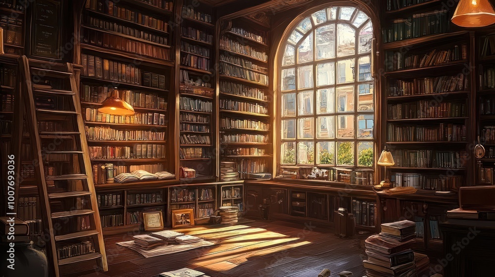 A sunlit library with a ladder, bookshelves, and a large window. A sunlit library with a ladder, bookshelves, and a large window.