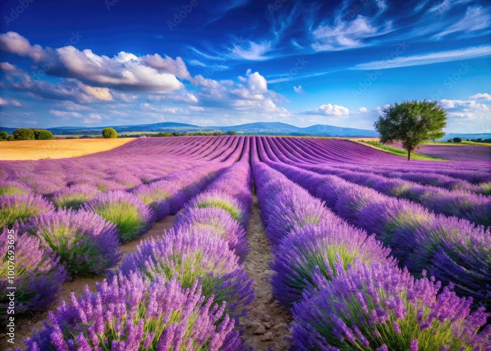 Serene Lavender Fields in France Under a Bright Blue Sky, Capturing Nature's Tranquility and Beauty Serene Lavender Fields in France Under a Bright Blue Sky, Capturing Nature's Tranquility and Beauty