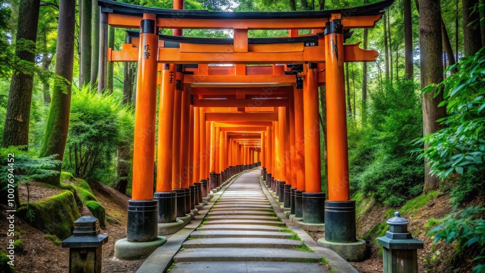 Serene Pathway of Torii Gates at Fushimi Inari Taisha Shrine Surrounded by Lush Greenery in Kyoto Serene Pathway of Torii Gates at Fushimi Inari Taisha Shrine Surrounded by Lush Greenery in Kyoto
