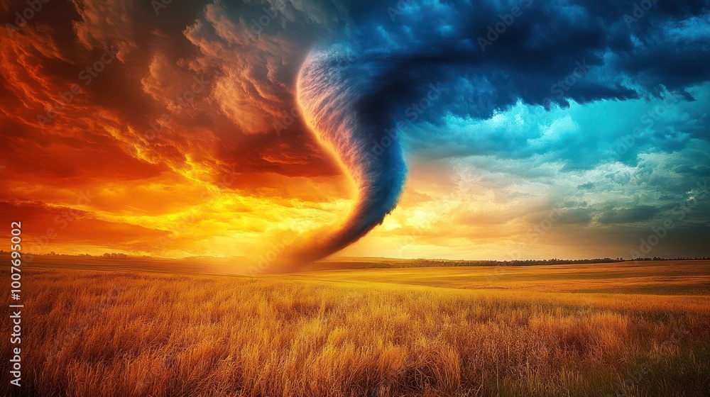 A swirling blue and yellow tornado descends from the sky, over a golden field at sunset. A swirling blue and yellow tornado descends from the sky, over a golden field at sunset.
