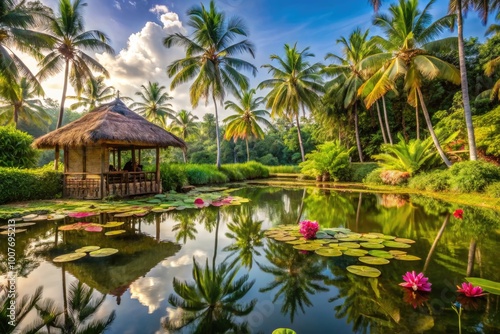 Serene tropical oasis featuring water lilies, palm trees, and a traditional hut by a tranquil pond