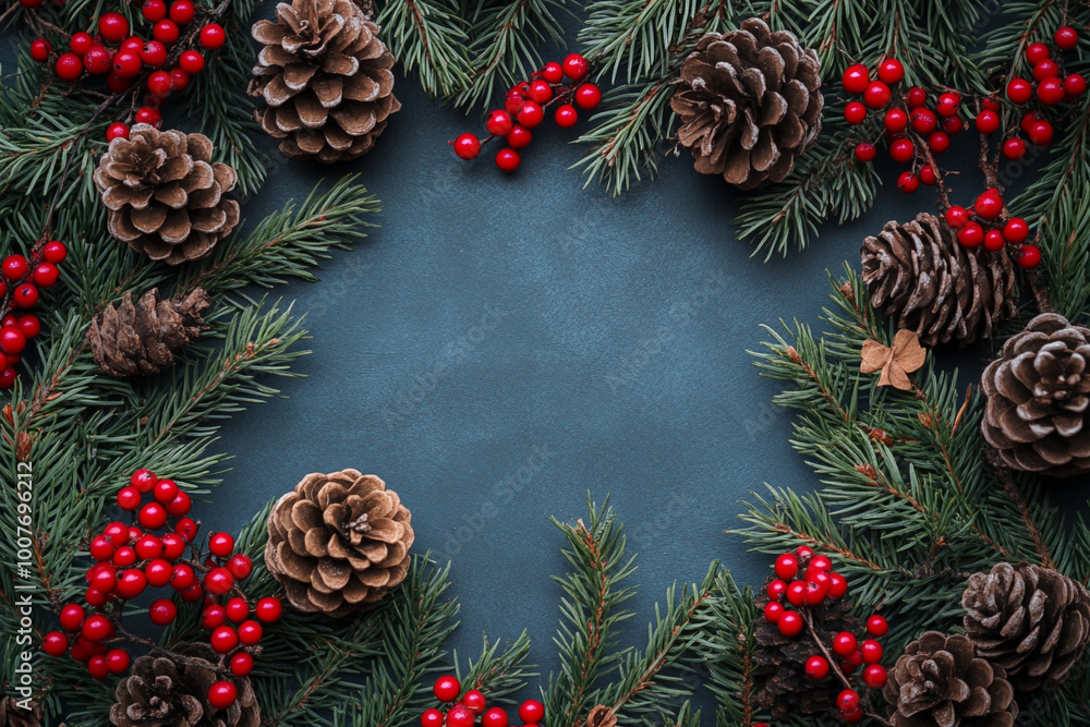 Christmas background of red berry branches and pine cones Christmas background of red berry branches and pine cones