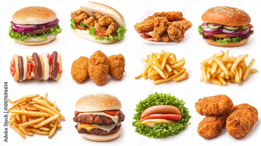 A delicious assortment of fast food, including burgers, chicken, fries, and hot dogs arranged on a clean surface A delicious assortment of fast food, including burgers, chicken, fries, and hot dogs arranged on a clean surface