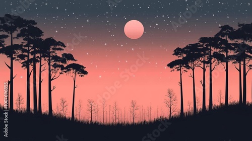 Silhouette Trees and Pink Moon in Night Sky