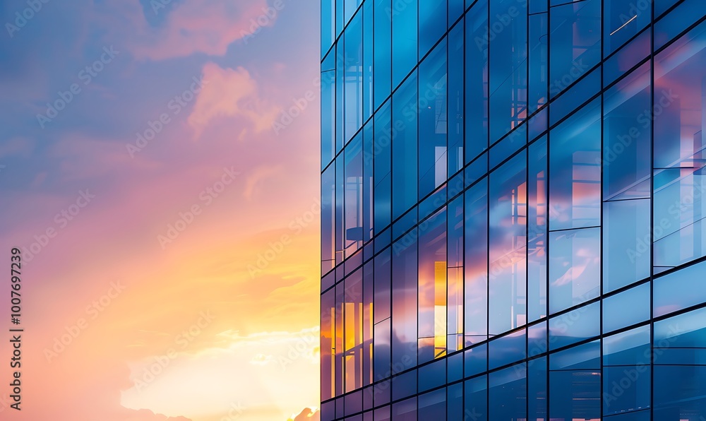 Modern glass building with reflected evening city and sunset Modern glass building with reflected evening city and sunset