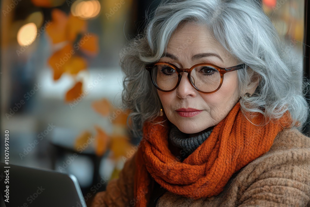 Elegant Maturity: Silver-Haired Woman Embraces Autumn's Warmth and Technology Elegant Maturity: Silver-Haired Woman Embraces Autumn's Warmth and Technology