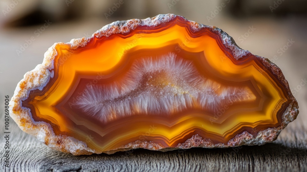 A close-up view of a sliced agate stone with intricate bands of orange, yellow, and white. A close-up view of a sliced agate stone with intricate bands of orange, yellow, and white.