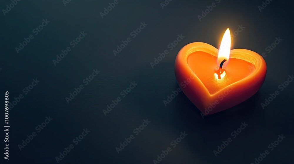 A Single Burning Heart-Shaped Candle on a Dark Background