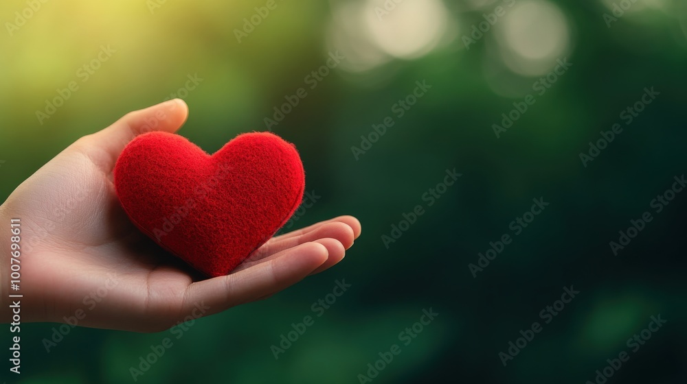 Hand holding a red heart symbolizing love and care, blurred green background. Hand holding a red heart symbolizing love and care, blurred green background.