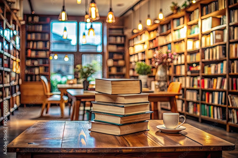 Stacks of Books on Table in Cozy Bookstore Representing Education and the Joy of Reading Experience Stacks of Books on Table in Cozy Bookstore Representing Education and the Joy of Reading Experience