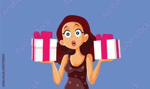 Confused Girl Deciding Between Two Gift Boxes Vector Illustration. Puzzled lady not knowing which present to choose 
