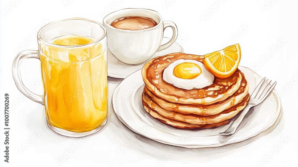 A delicious breakfast featuring pancakes, orange juice, and coffee served on a plate A delicious breakfast featuring pancakes, orange juice, and coffee served on a plate