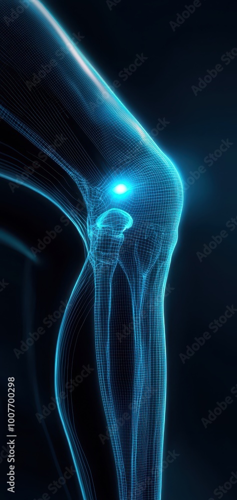 A detailed x-ray of a human knee joint, highlighting its anatomical structure with a blue glow for enhanced visualization. A detailed x-ray of a human knee joint, highlighting its anatomical structure with a blue glow for enhanced visualization.
