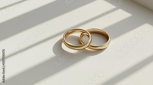 Two Intertwined Gold Wedding Bands on a White Surface with Sunlight