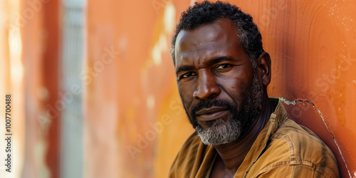 Portrait of a mature African man with a serious expression leaning against a textured orange wall outdoors