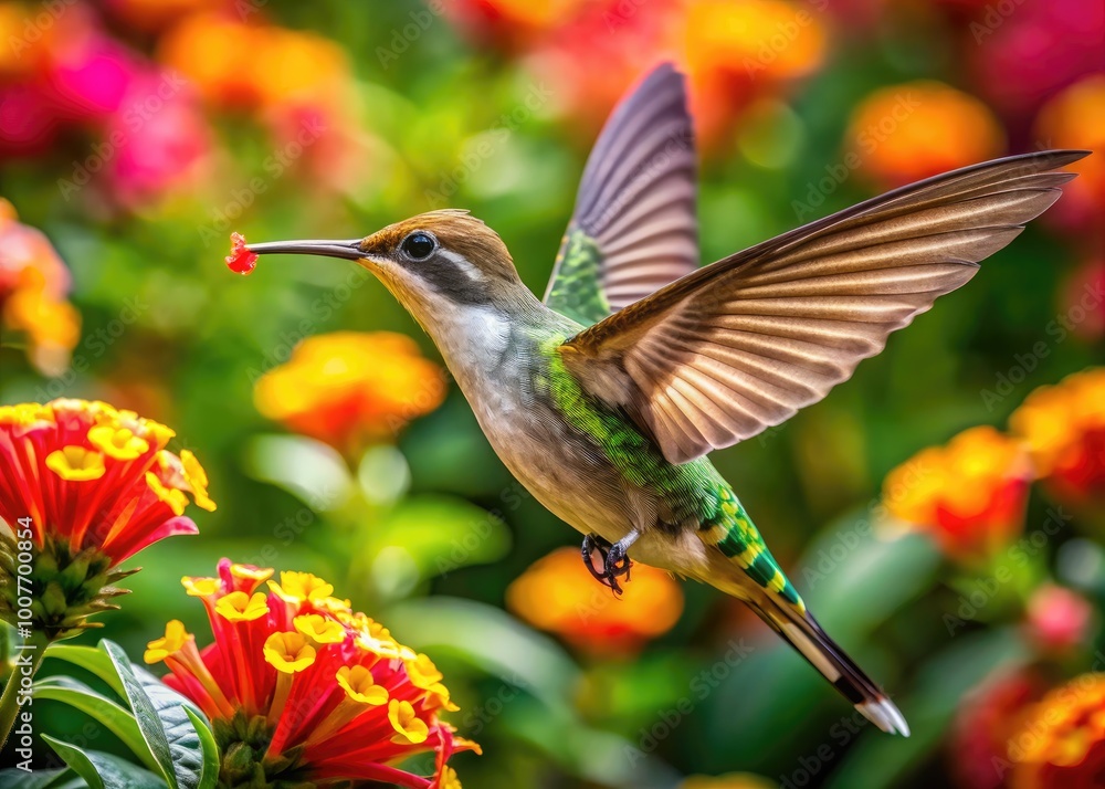 Fototapeta premium Striped Moth Hummingbird Hovering Near Vibrant Flowers in a Lush Tropical Garden Setting