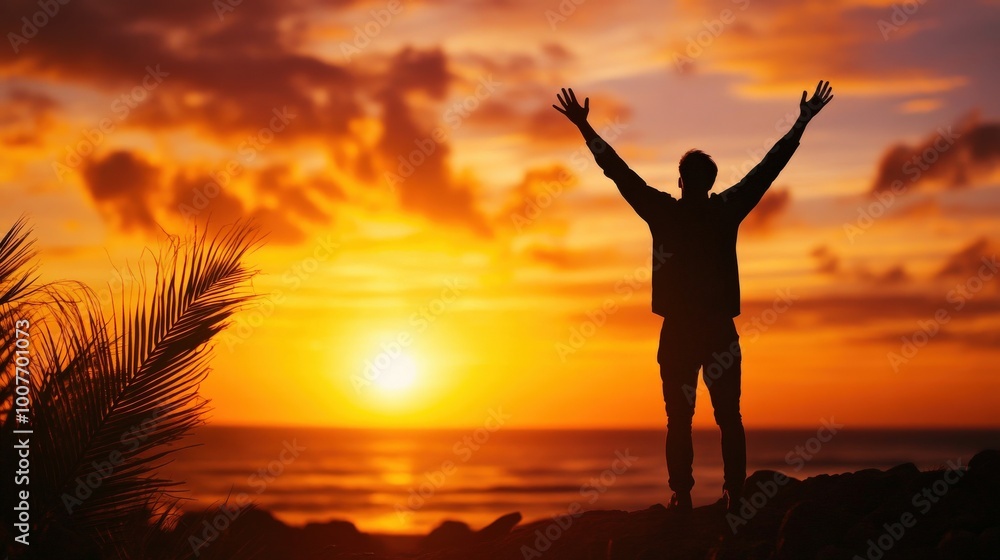 Silhouette of a person celebrating at sunset by the sea. Silhouette of a person celebrating at sunset by the sea.