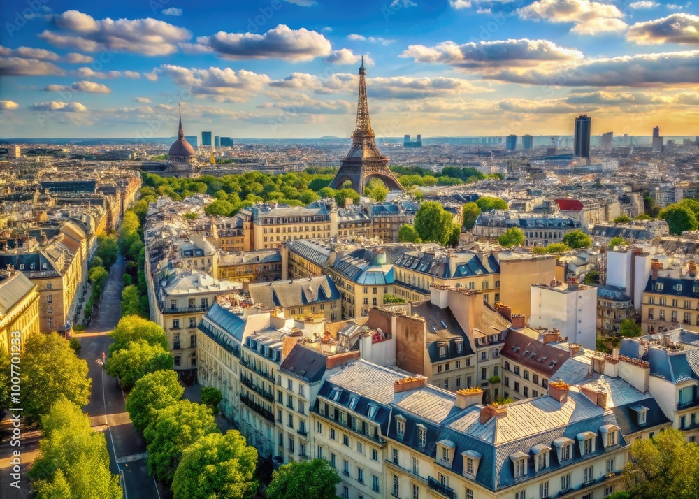 Fototapeta premium Stunning Aerial View of Paris Skyline Showcasing Architectural Rooftops and Scenic City Landscape