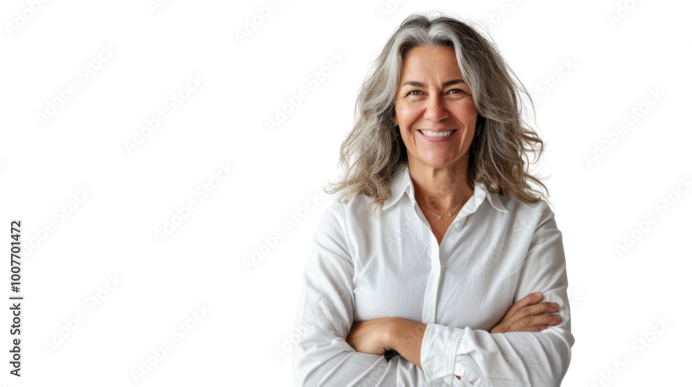 Middle-aged Caucasian female business coach, arms crossed, smiling confidently on white background Middle-aged Caucasian female business coach, arms crossed, smiling confidently on white background
