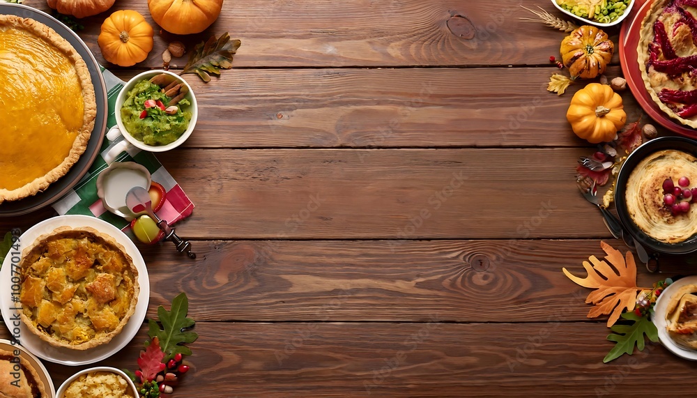 A lovely autumn spread of pot pie, snacks, and fresh produce on a rustic wooden table. Generative AI A lovely autumn spread of pot pie, snacks, and fresh produce on a rustic wooden table. Generative AI