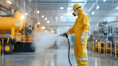Worker in Protective Uniform Spraying Disinfectant in Industrial Warehouse