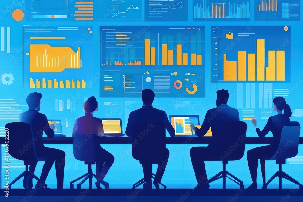 A team of four people analyzing data on multiple computer screens. A team of four people analyzing data on multiple computer screens.