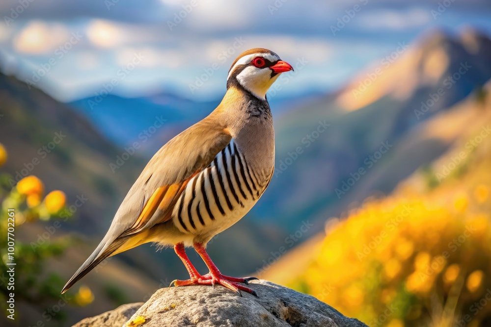 Stunning Chukar Bird Perched on a Rock in Natural Habitat with Beautiful Background Scenery Stunning Chukar Bird Perched on a Rock in Natural Habitat with Beautiful Background Scenery