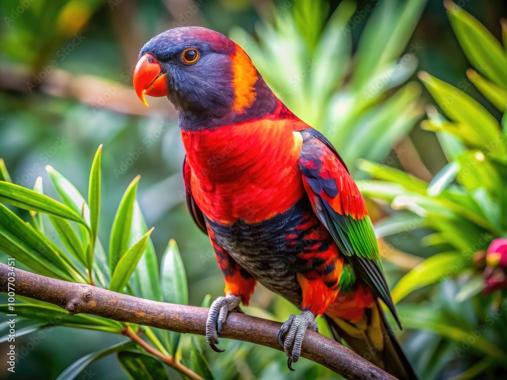 Obraz premium Stunning Dusky Lory Bird Perched on a Branch in Vibrant Nature Setting, Exotic Wildlife Photography