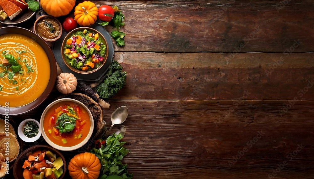 A top down view of a rustic wooden table filled with colorful autumn dishes and fresh seasonal ingredients. Generative AI A top down view of a rustic wooden table filled with colorful autumn dishes and fresh seasonal ingredients. Generative AI