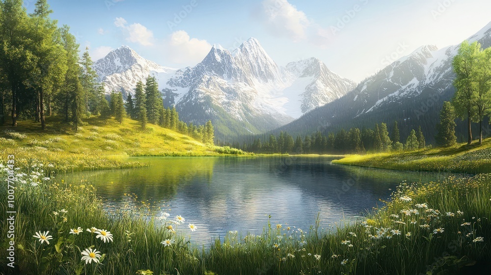 A tranquil mountain lake surrounded by lush greenery and wildflowers, with snow-capped peaks in the background. A tranquil mountain lake surrounded by lush greenery and wildflowers, with snow-capped peaks in the background.
