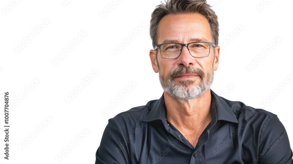 Middle-aged Caucasian male business owner giving a motivational talk on white background Middle-aged Caucasian male business owner giving a motivational talk on white background