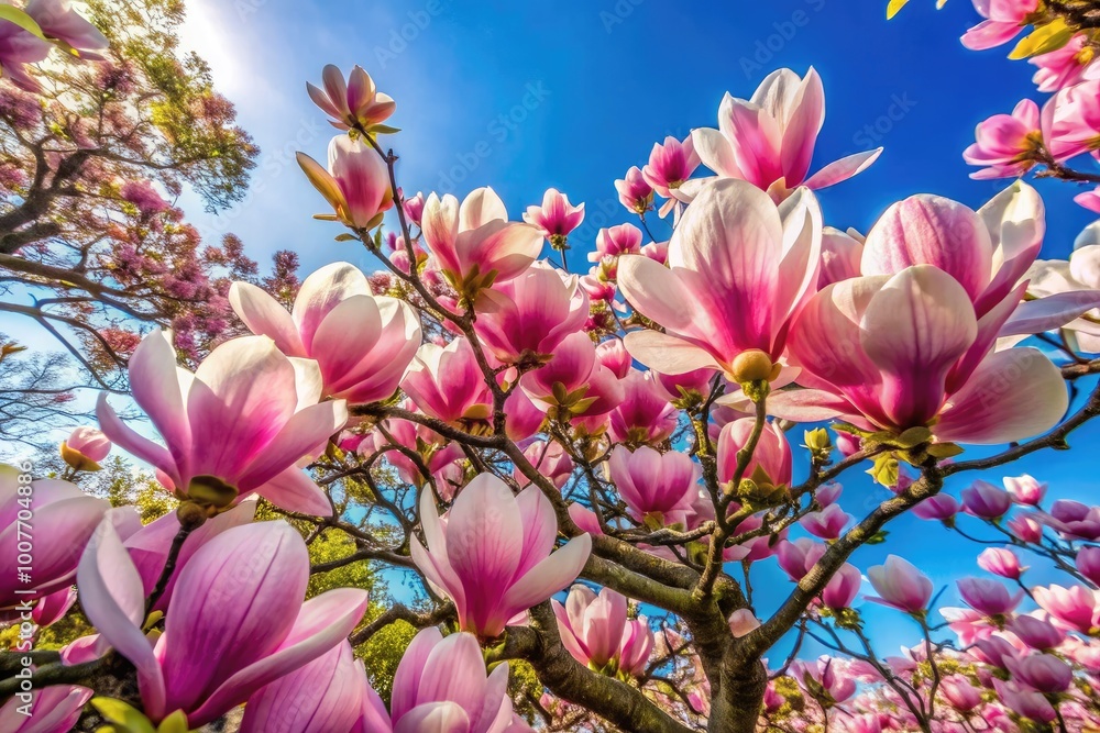 Stunning Magnolia Trees in Full Blossom Showcasing Vibrant Flowers Against a Clear Blue Sky Stunning Magnolia Trees in Full Blossom Showcasing Vibrant Flowers Against a Clear Blue Sky