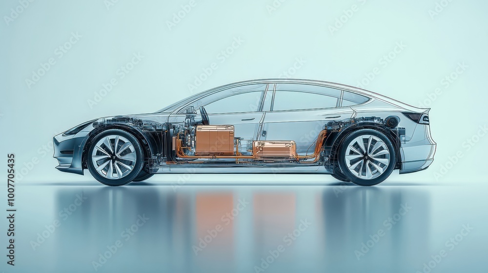 A transparent 3D rendering of an electric car with visible battery packs and wiring. A transparent 3D rendering of an electric car with visible battery packs and wiring.