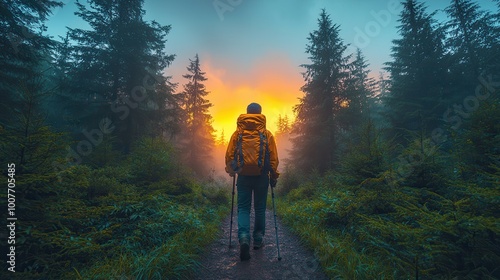 Hiker at Sunset in Misty Forest Pathway